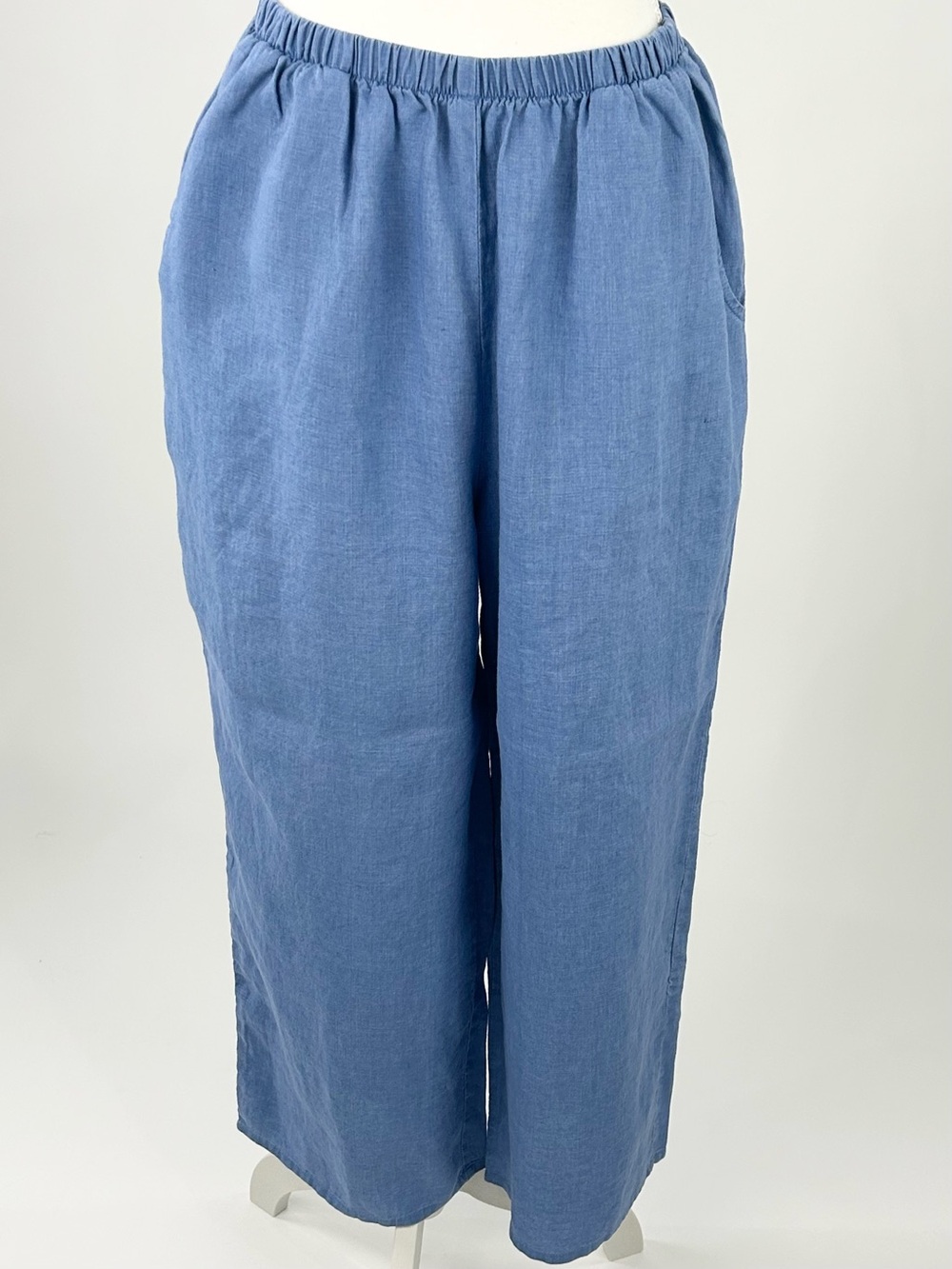 FLAX 100% Linen Pants M Blue Wide Leg Ankle Cropped Elastic Waist Lagenlook